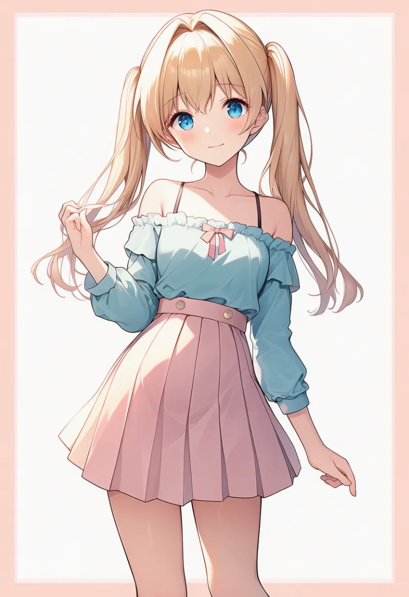 オフショルダーシャツとハイウエストスカートのAIイラスト|デート用コーデのプロンプト紹介