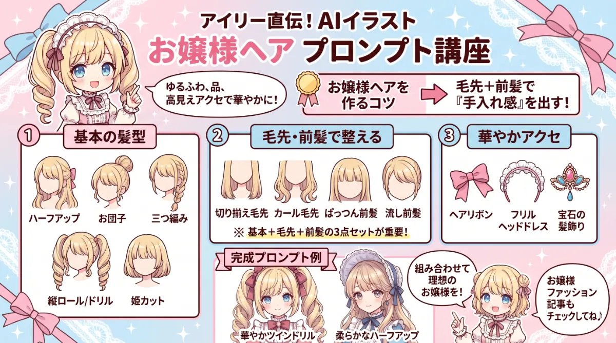 お嬢様ヘアのプロンプト集【AIイラスト】のまとめ用の図解イラスト