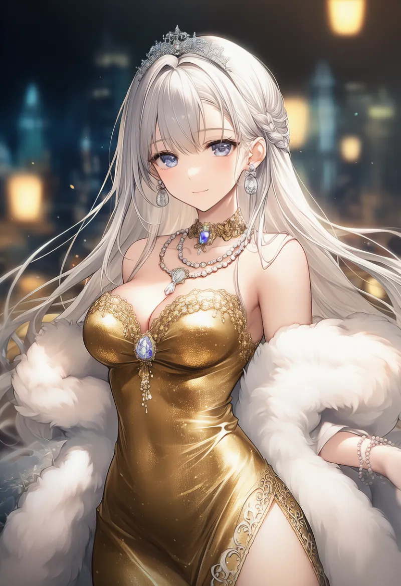 王族風の黄金イブニングドレスのAIイラスト作例