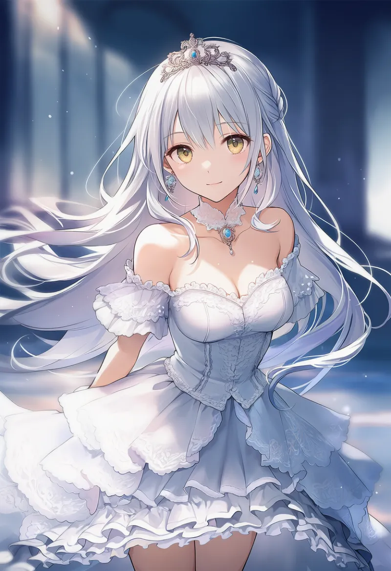 白レースのオフショルダードレスのAIイラスト作例