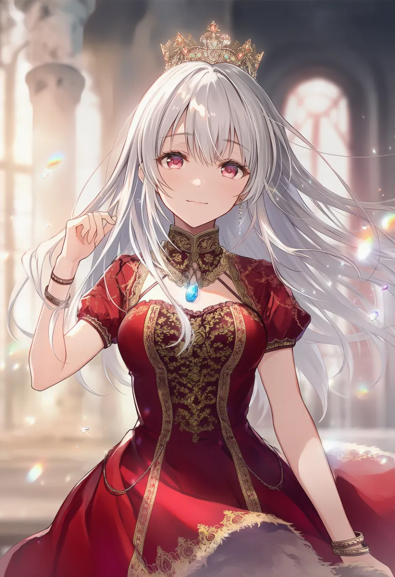 赤ベルベットのハイカラードレスのAIイラスト作例