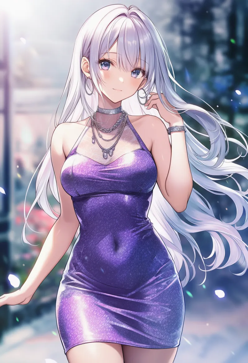 紫メタリックのタイトドレスのAIイラスト作例