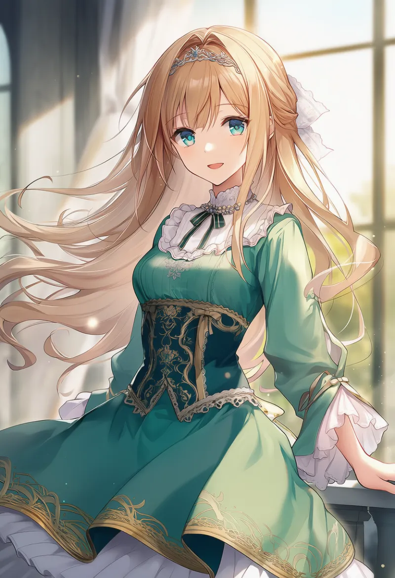 フリルの多段重ねで豪華なドレスのAIイラスト｜プロンプト紹介