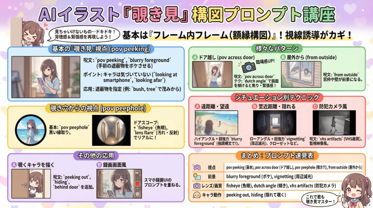 覗き見の視点の構図を作るプロンプト集【AIイラスト】のまとめ用の図解イラスト(グラレコ)