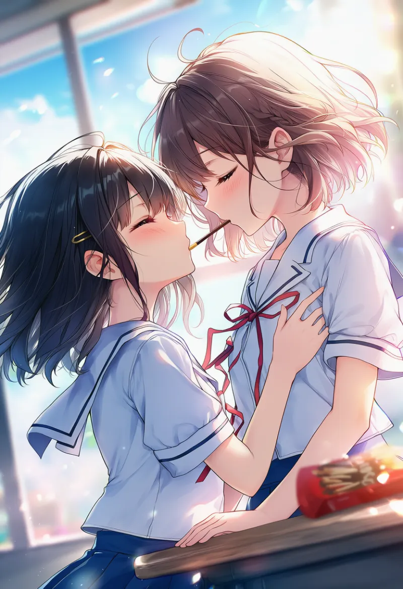ポッキーゲームでのキスのAIイラスト|プロンプト紹介:pocky kiss