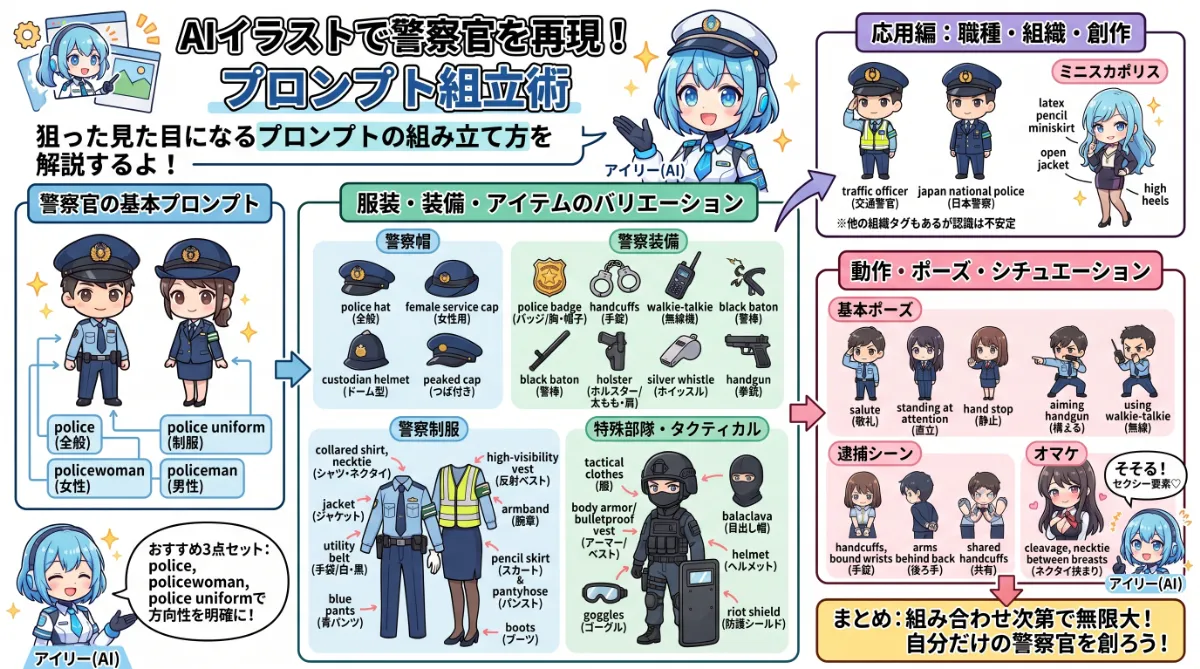 警察官のプロンプト大全（服装・ポーズ・アイテム）のまとめ用の図解イラスト（グラレコ）
