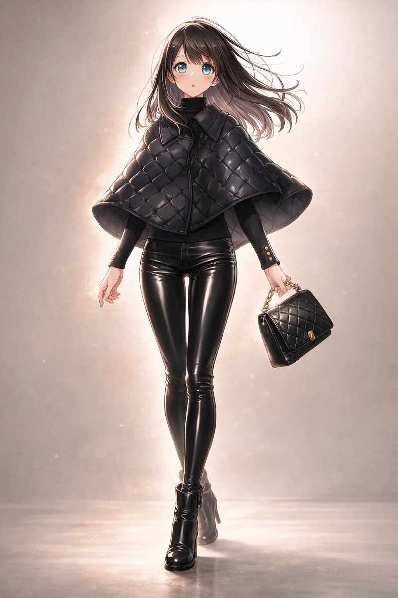 モノトーンのポンチョコーデのプロンプト|AIイラスト