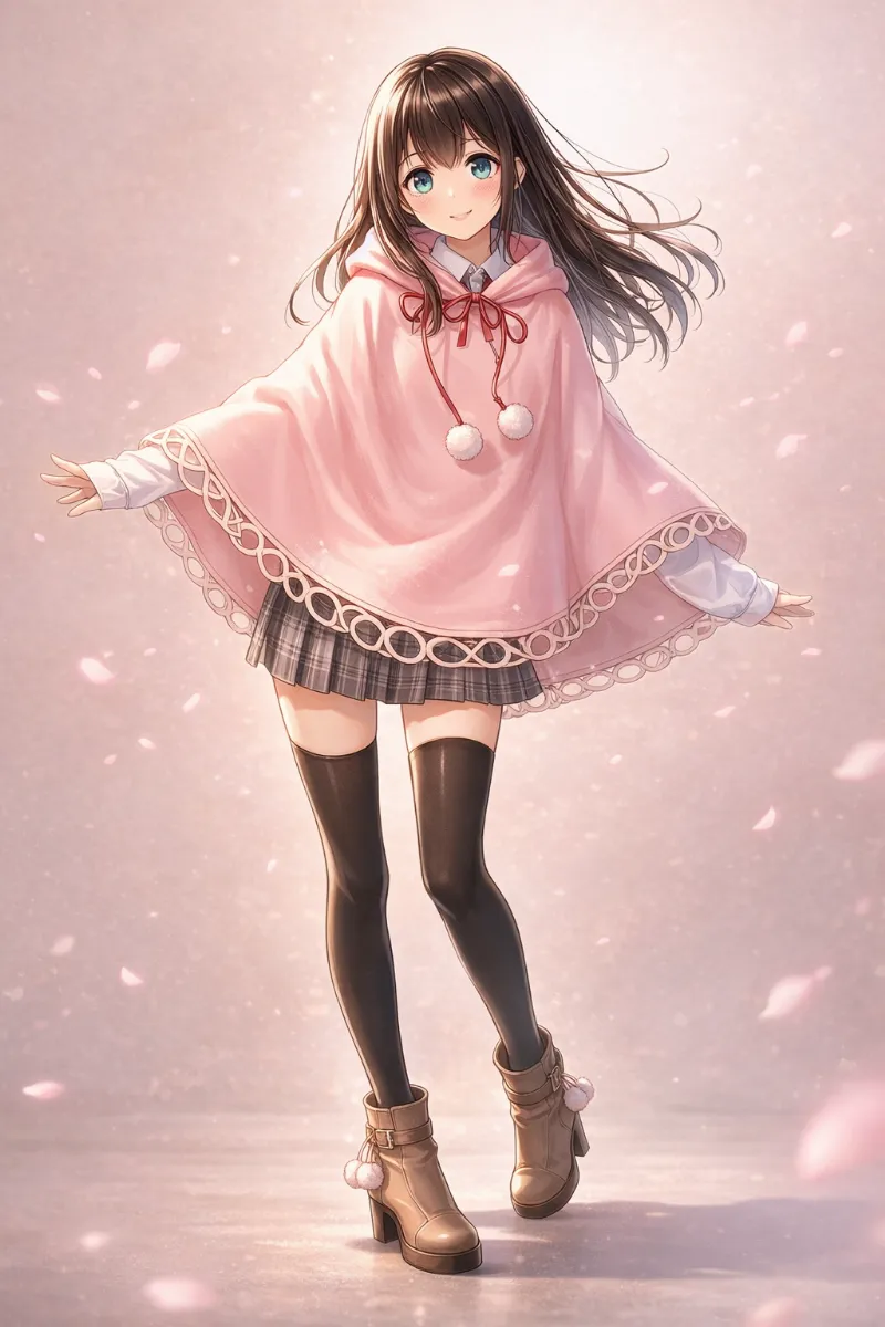 ガーリー系ポンチョコーデのプロンプト|AIイラスト