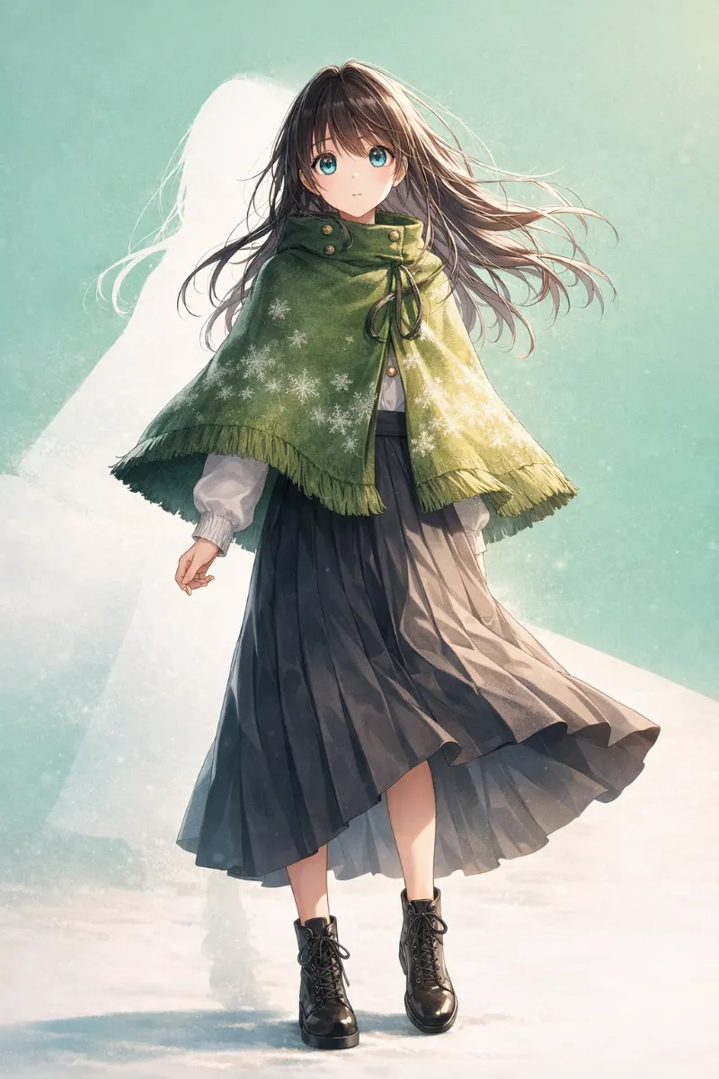 レトロ風ポンチョコーデのプロンプト|AIイラスト