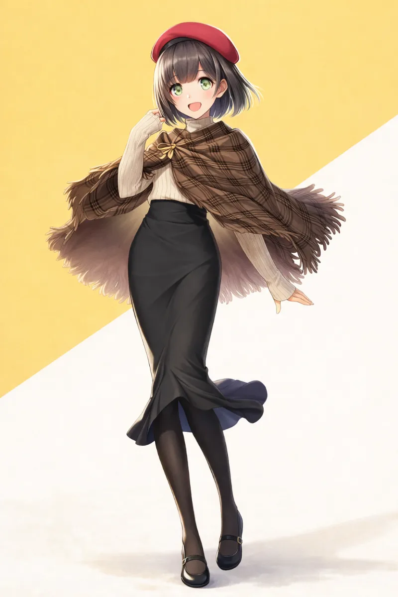 ベレー帽を合わせたフレンチトラッド系ポンチョコーデのプロンプト|AIイラスト