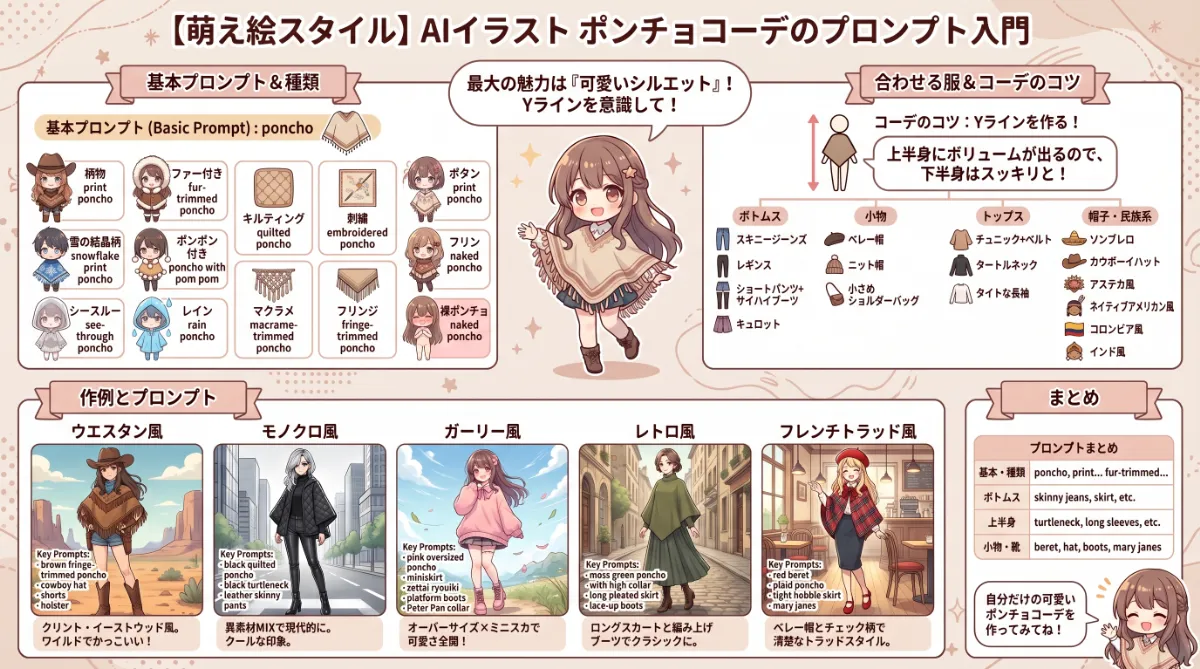 ポンチョを使ったコーデのプロンプト集【AIイラスト】のまとめ用の図解イラスト