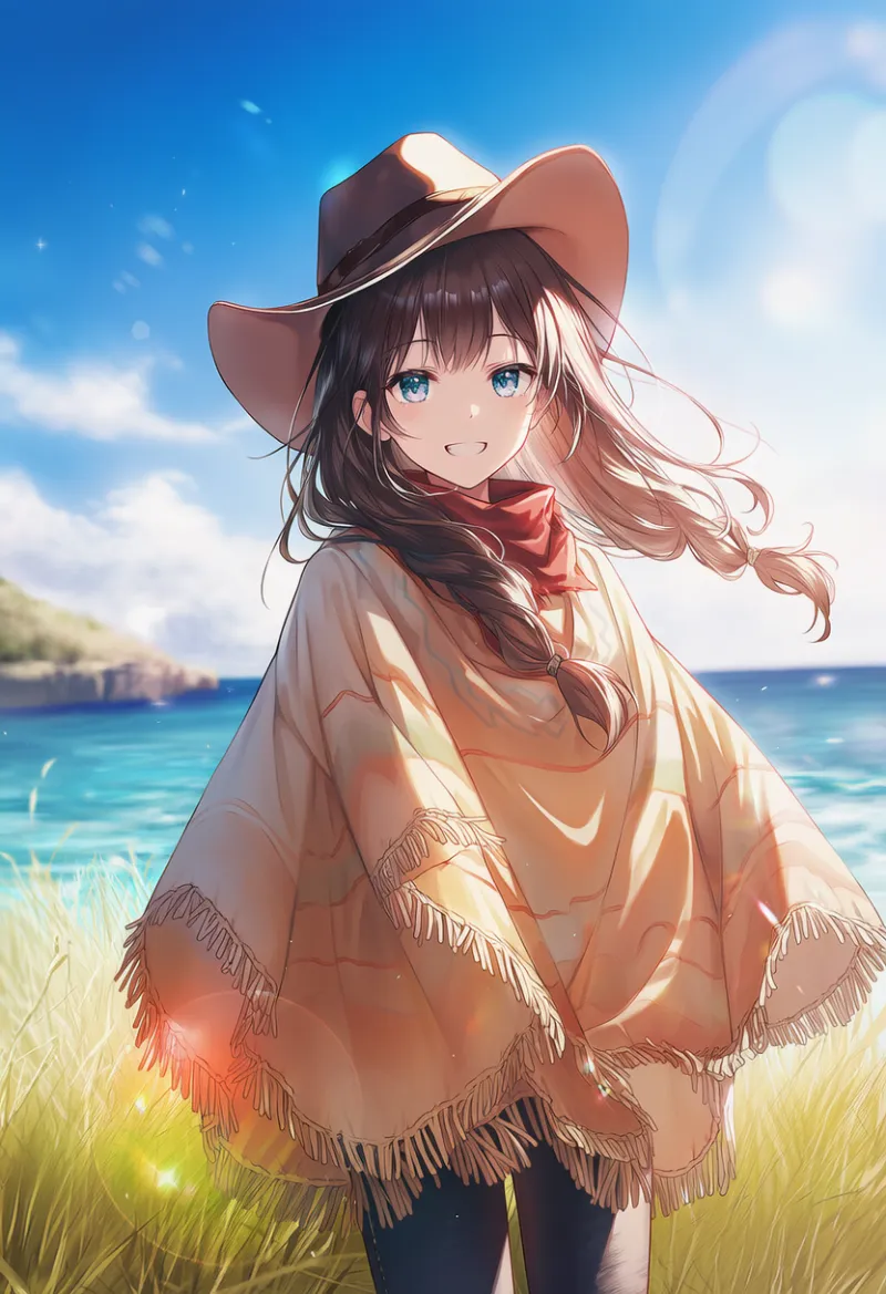 ポンチョとカウボーイハットのAIイラスト|プロンプト紹介
