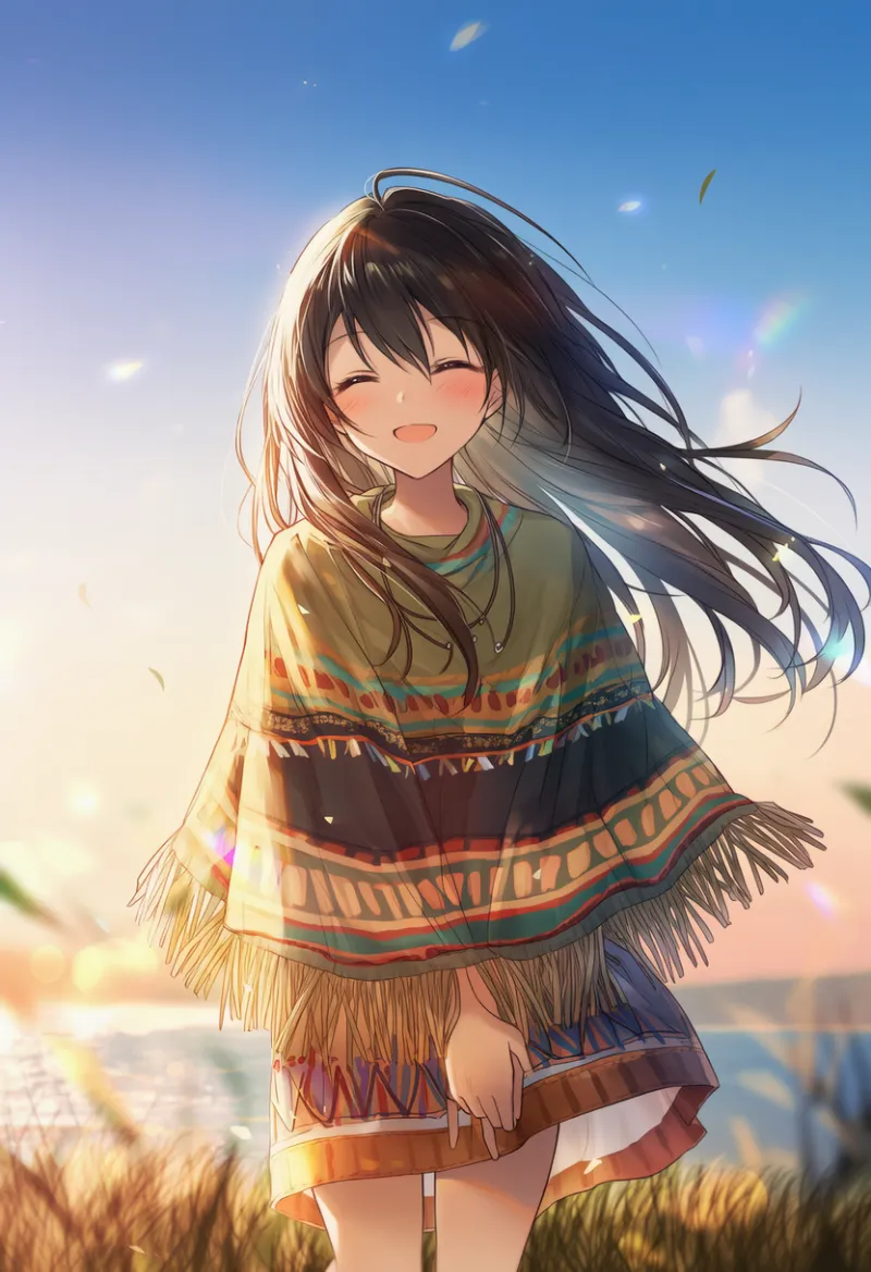 ポンチョとネイティブアメリカン風衣装のAIイラスト|プロンプト紹介