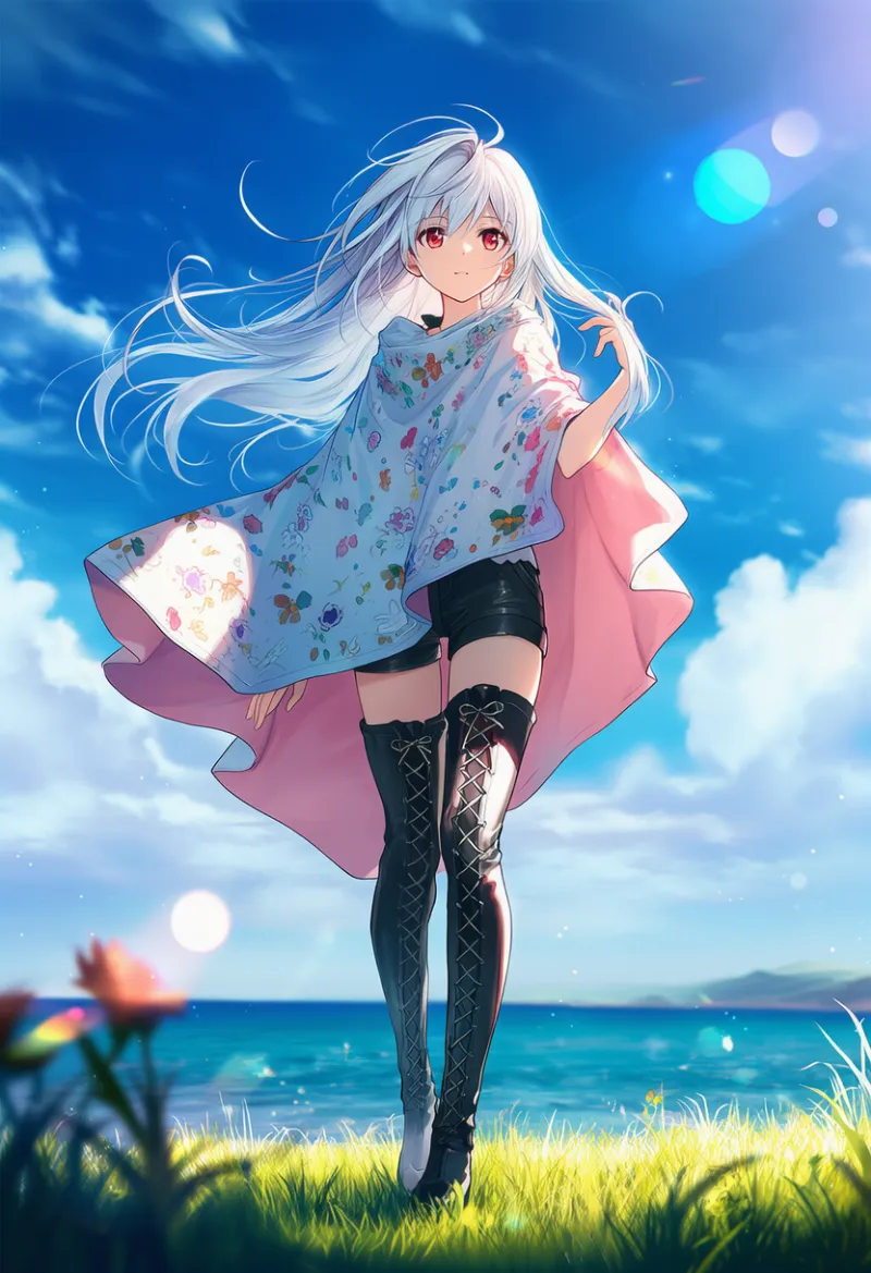 ポンチョとショートパンツ、ロングブーツのAIイラスト|プロンプト紹介