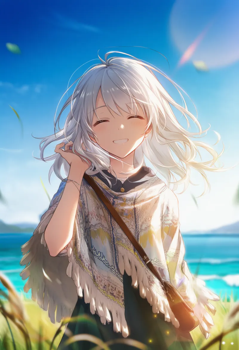 ポンチョと小さな斜め掛けバッグのAIイラスト|プロンプト紹介