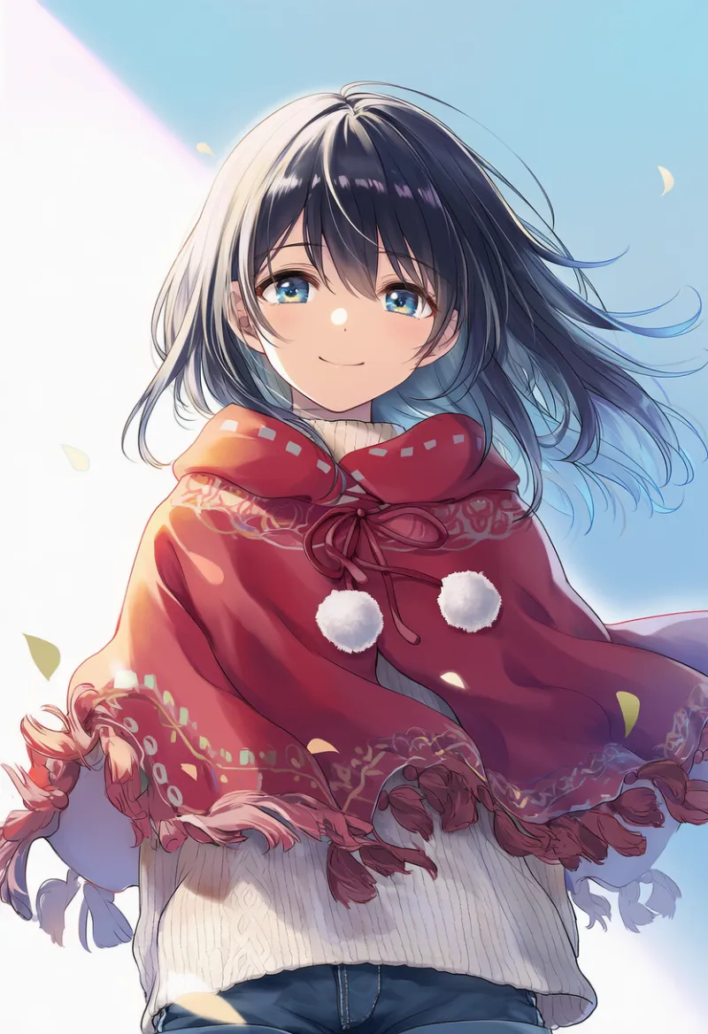 ポンポン付きのポンチョのAIイラスト|プロンプト紹介