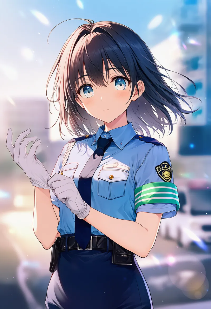 手袋をはめる動作のAIイラスト｜警察官のポーズプロンプト紹介：putting on gloves