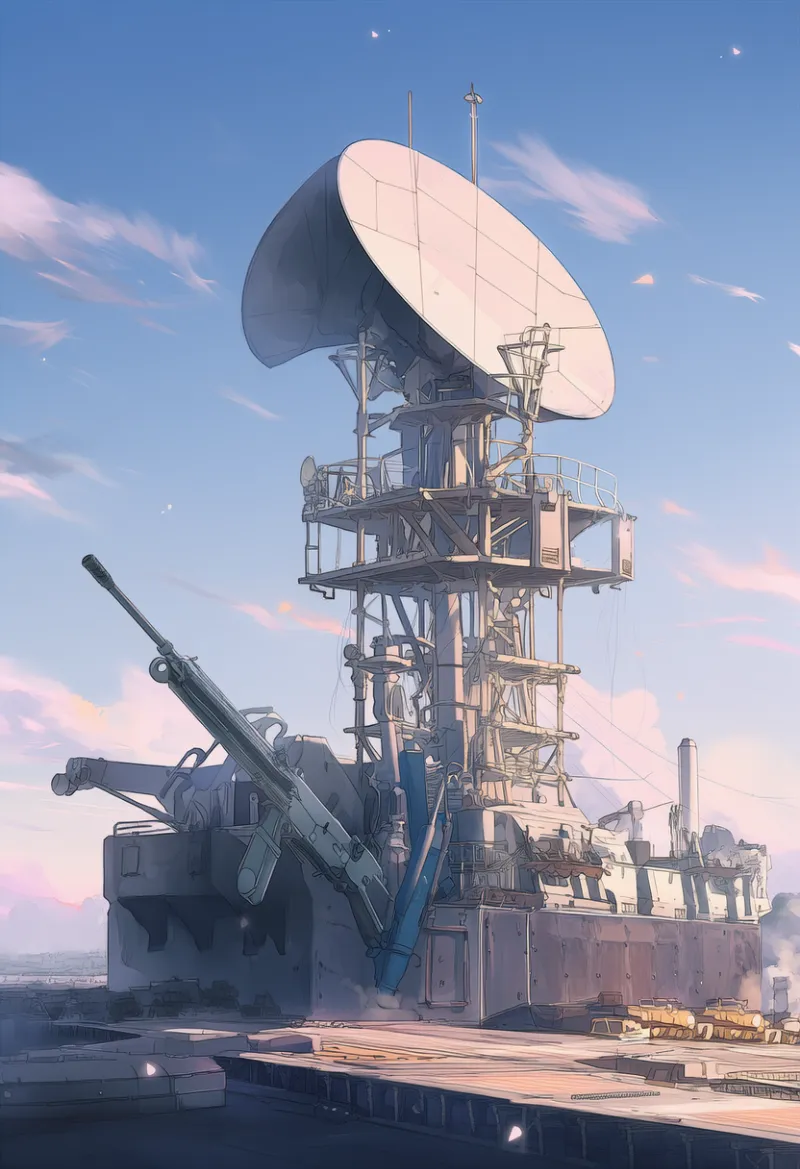 レーダー施設のプロンプト:radar dish, military base|軍事施設のAIイラスト