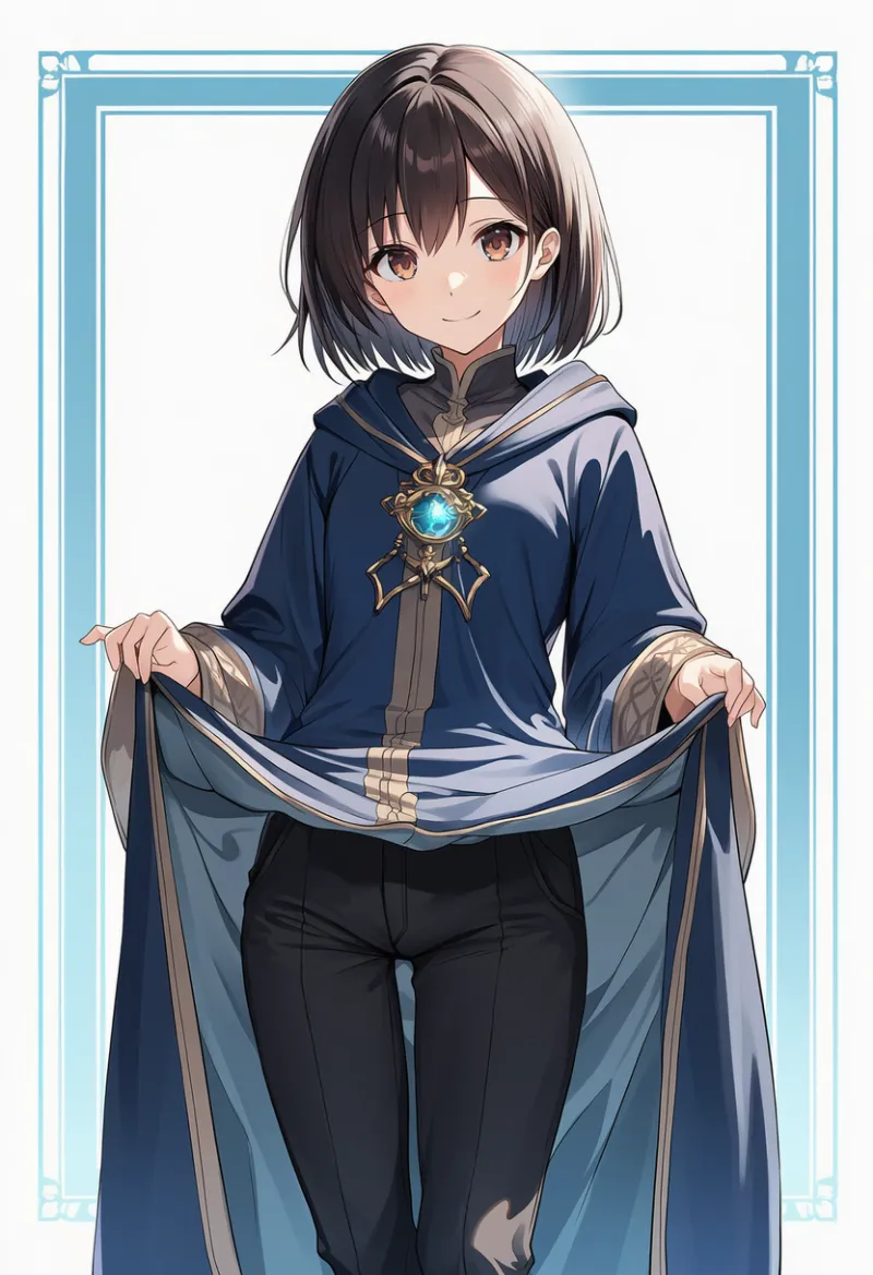 ローブをめくり上げる仕草のAIイラスト｜プロンプト紹介