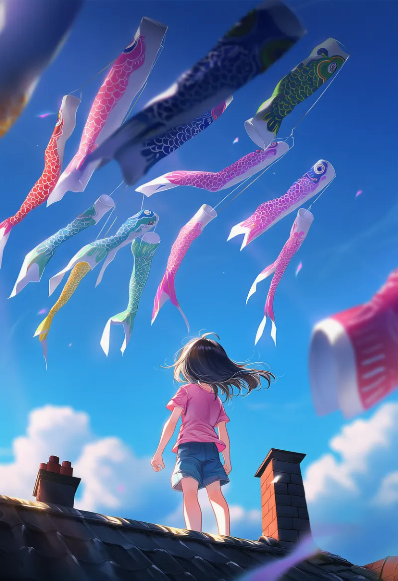 屋根と煙突のAIイラスト｜プロンプト紹介：roof, chimney, sky