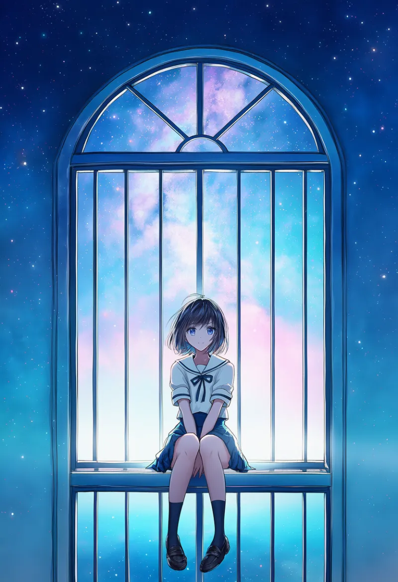 窓に座る様子のAIイラスト