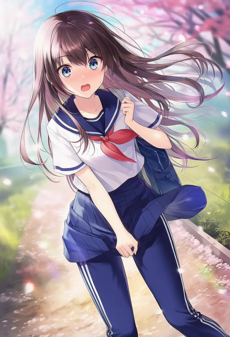 スカートを抑えるプロンプト（パンチラのガード）：skirt tug｜AIイラスト