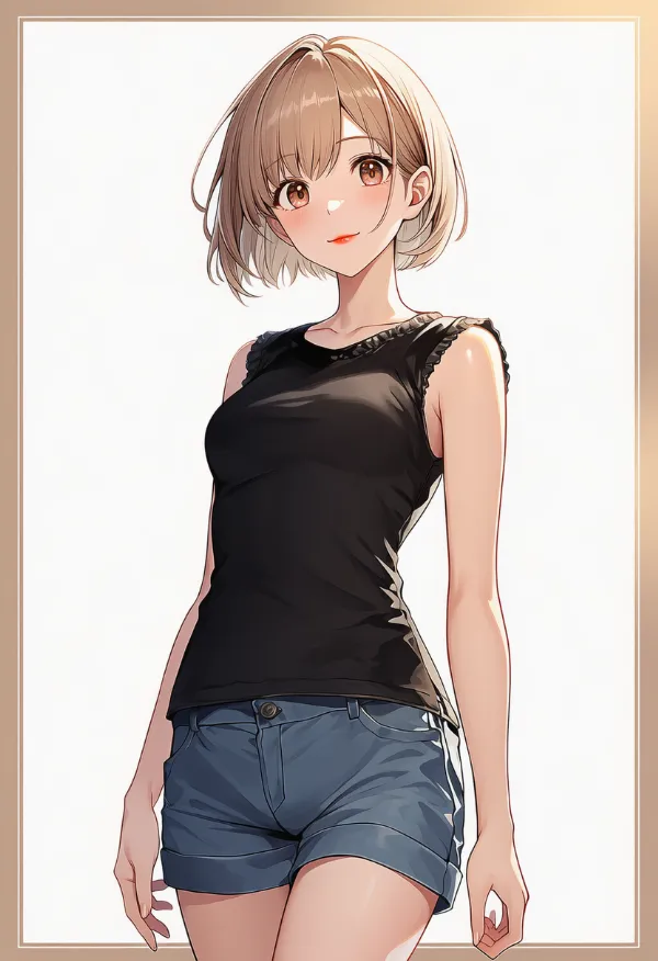 袖なしシャツ+ショートパンツ|女子大生ファッションのプロンプト紹介