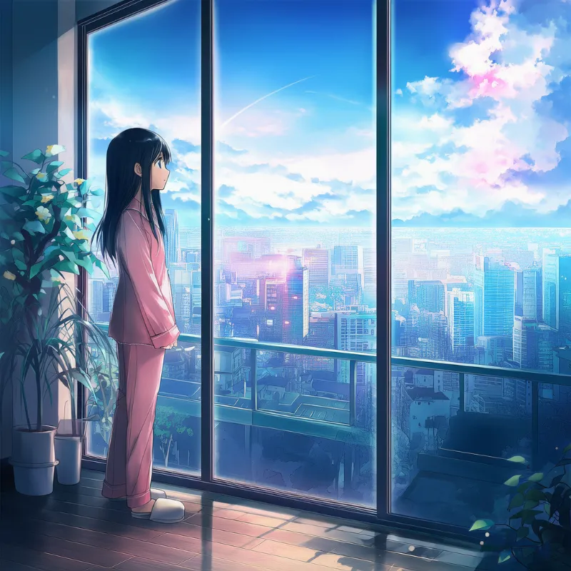 掃き出し窓のAIイラスト（窓の向こうに都市の風景）