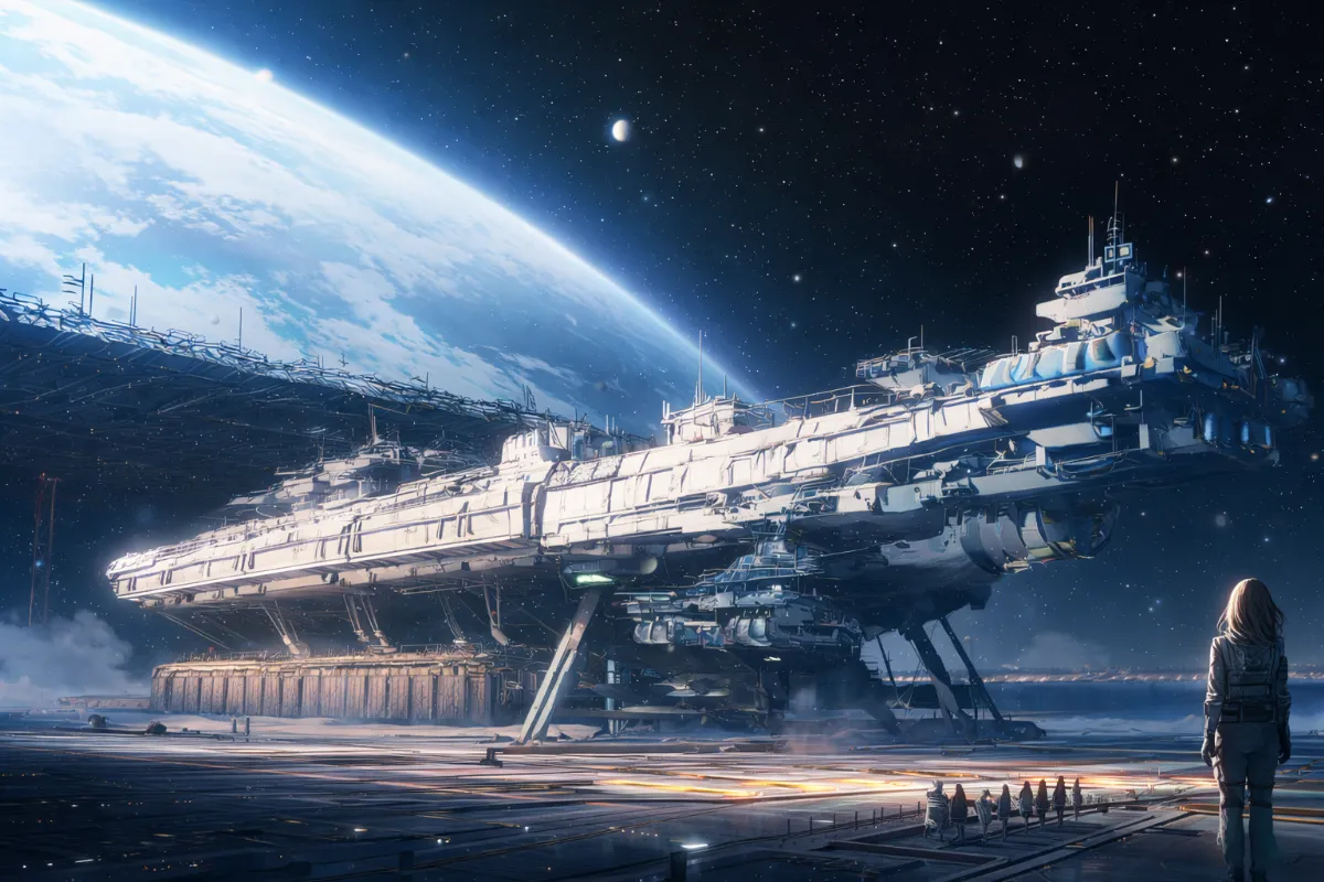 宇宙軍事施設のプロンプト:space station, space, spacecraft, military base|軍事施設のAIイラスト