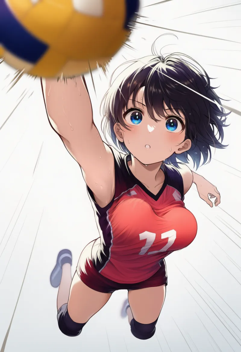 バレーボールのスパイク・アタックのプロンプト（ハイアングル視点）｜AIイラスト作例