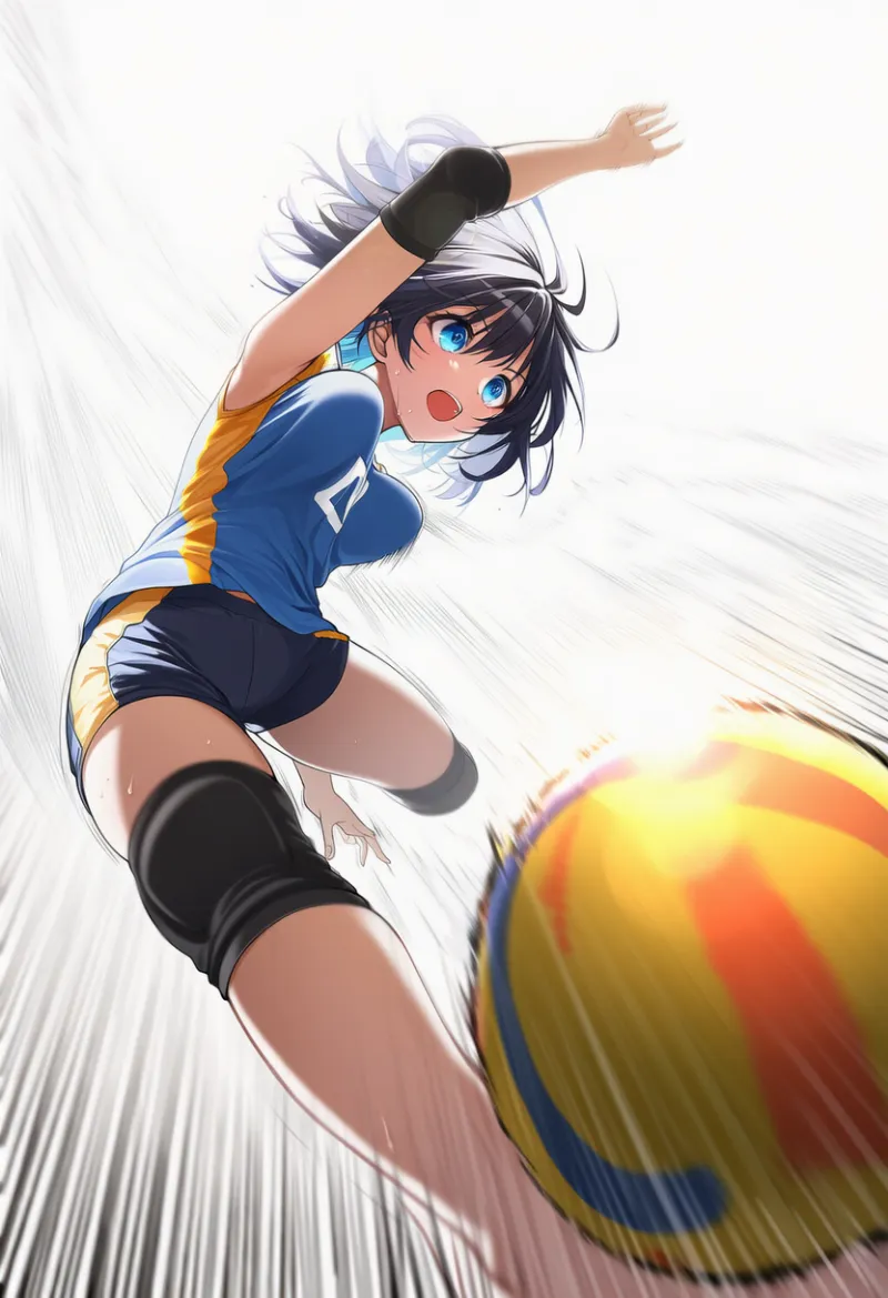 バレーボールのスパイク・アタックのプロンプト（ワイドアングル）｜AIイラスト作例