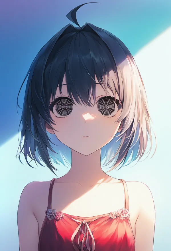 目全体が渦巻きのAIイラスト（催眠シーン）