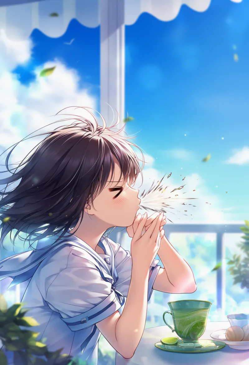 驚いて飲み物を噴き出すAIイラスト｜プロンプト紹介：spit take