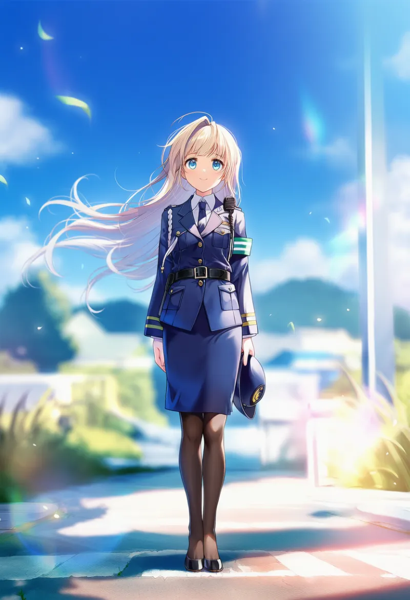 直立不動のAIイラスト｜警察官のポーズプロンプト紹介：standing at attention, arms at sides, legs together