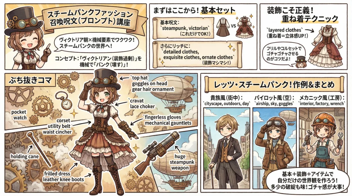 スチームパンクの服装プロンプト集【AIイラスト】のまとめ用の図解イラスト(グラレコ)