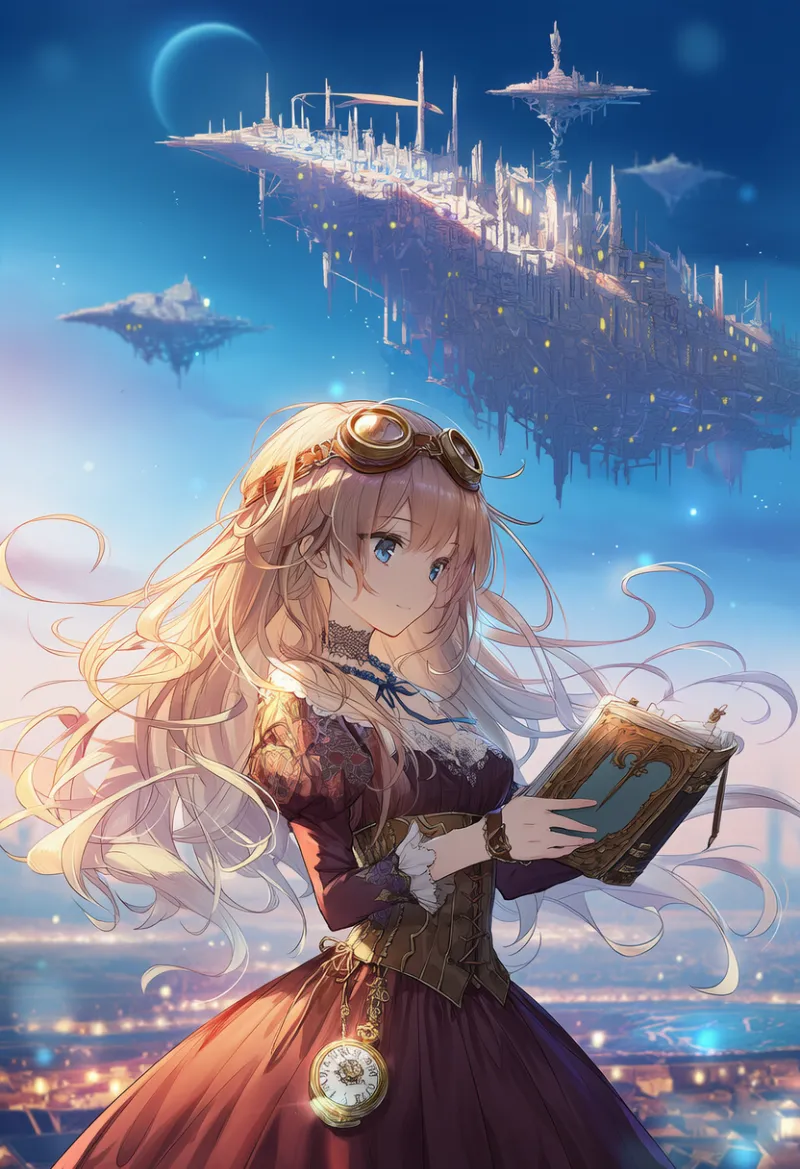 浮遊都市背景とスチームパンク|AIイラスト作例