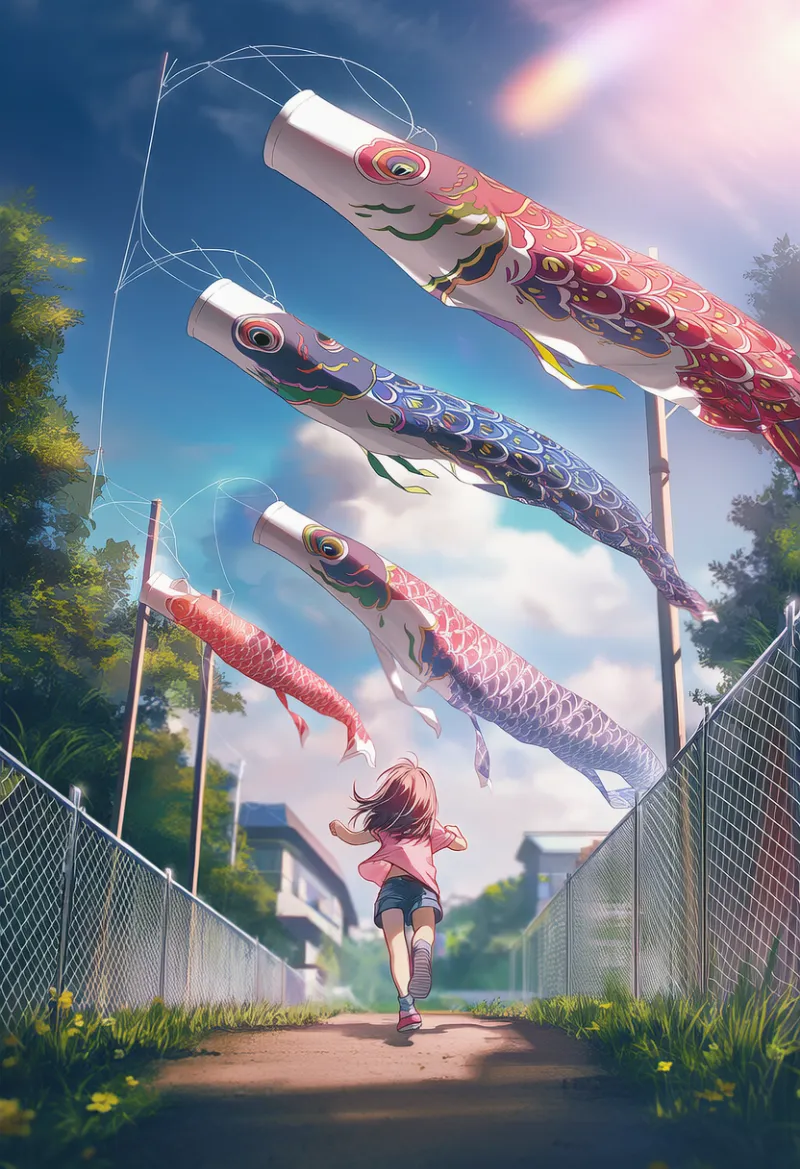 芝生とフェンスが見える住宅街のAIイラスト｜プロンプト紹介：suburb, lawn, fence