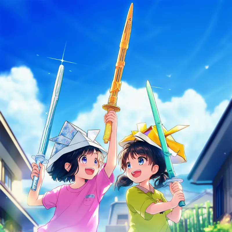 剣での決闘・戦闘シーン（子供の遊び）のAIイラスト｜プロンプト紹介：sword fight