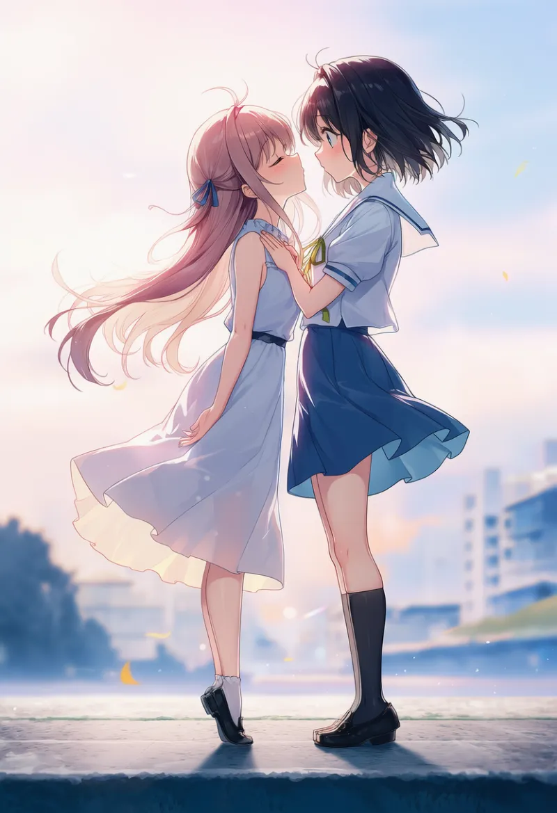 つま先立ちキスのAIイラスト|プロンプト紹介:tiptoe kiss, height difference