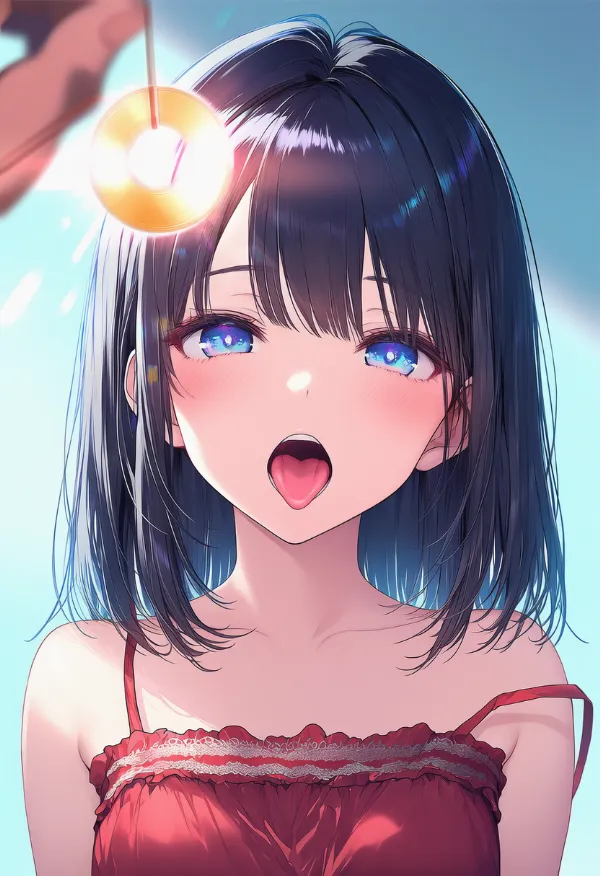 口を開けて舌を出した状態のAIイラスト（催眠シーン）