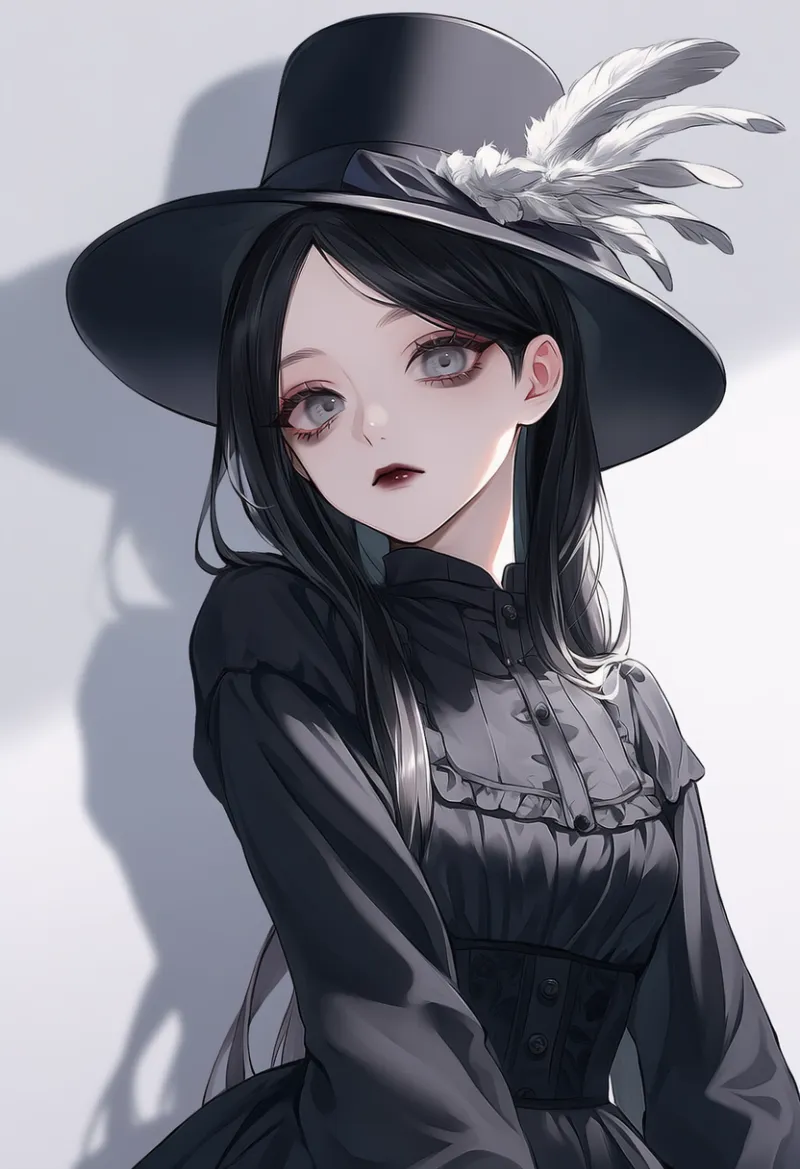 羽飾り付きトップハットのAIイラスト(ゴシックファション)|プロンプト紹介