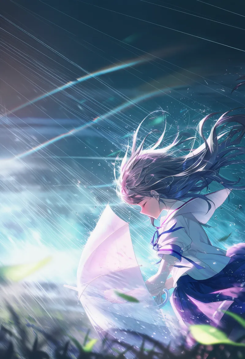 雨と風で髪がなびくプロンプト紹介｜AIイラスト