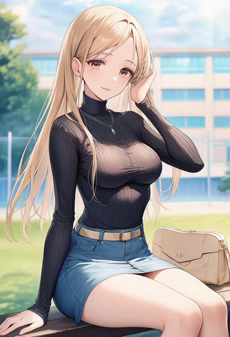 乳袋が強調されたセーターを着た女子大生ファッションのAIイラスト