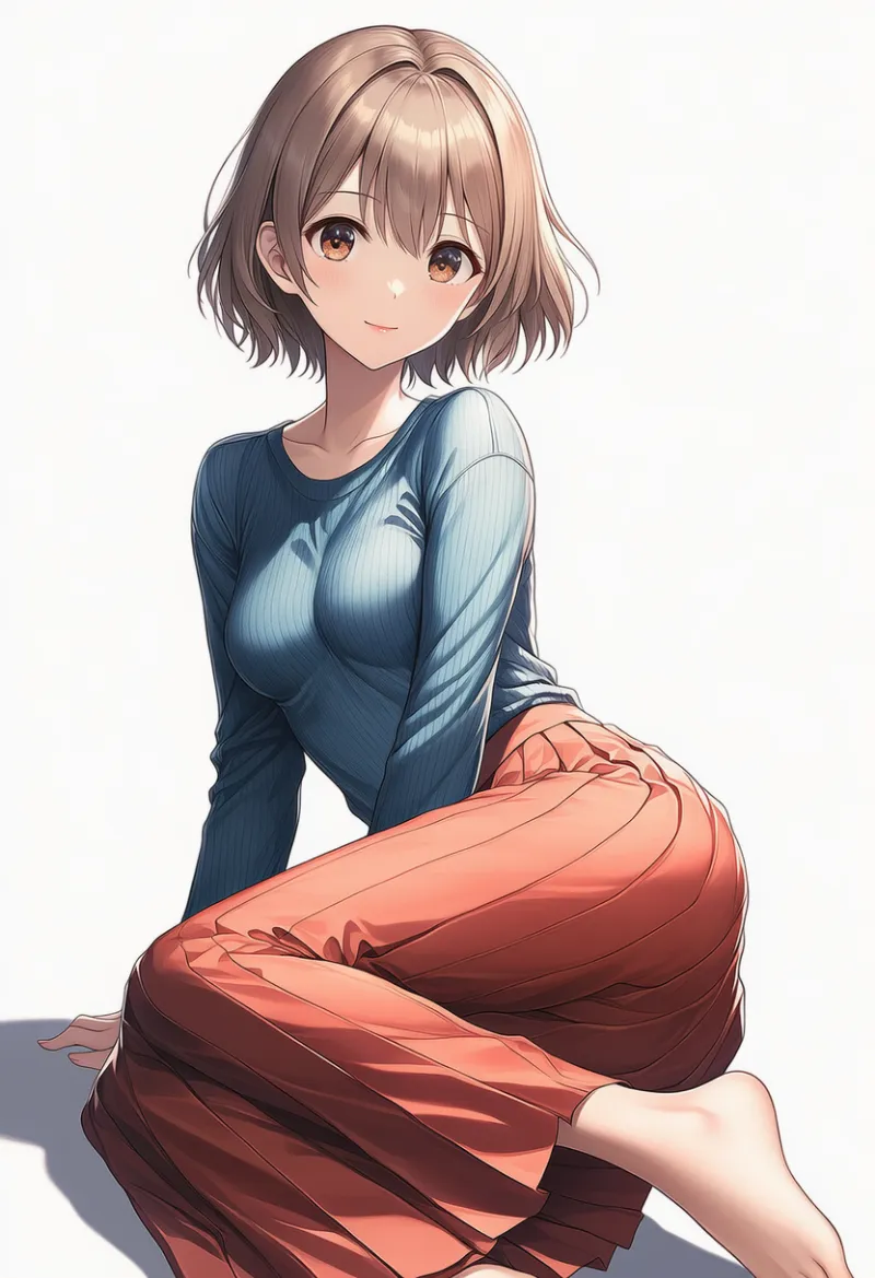 体を捻って背中を反らせるポーズをした女子大生キャラクターのAIイラスト