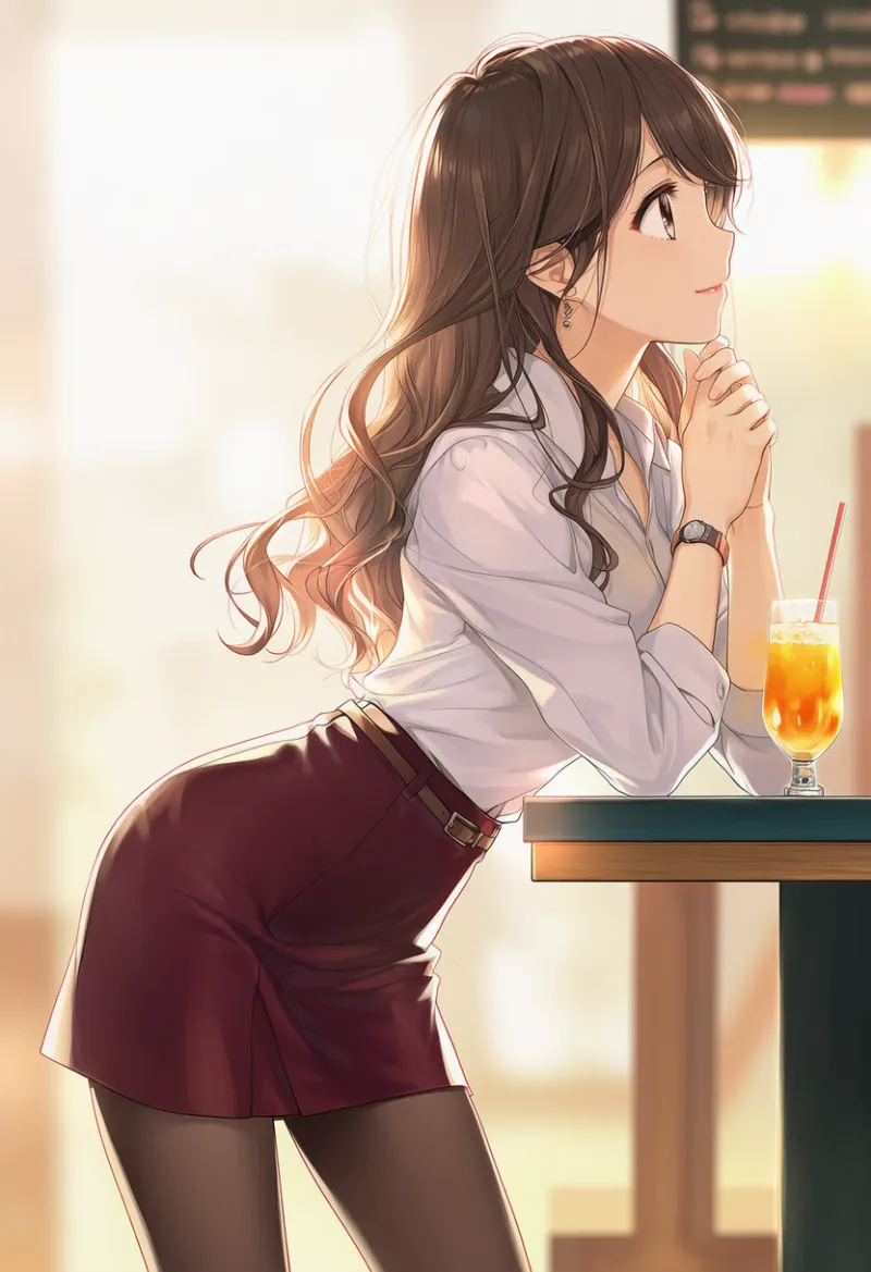 女子大生キャラクターがカフェで肘をついてテーブルに寄りかかるシーンのAIイラスト