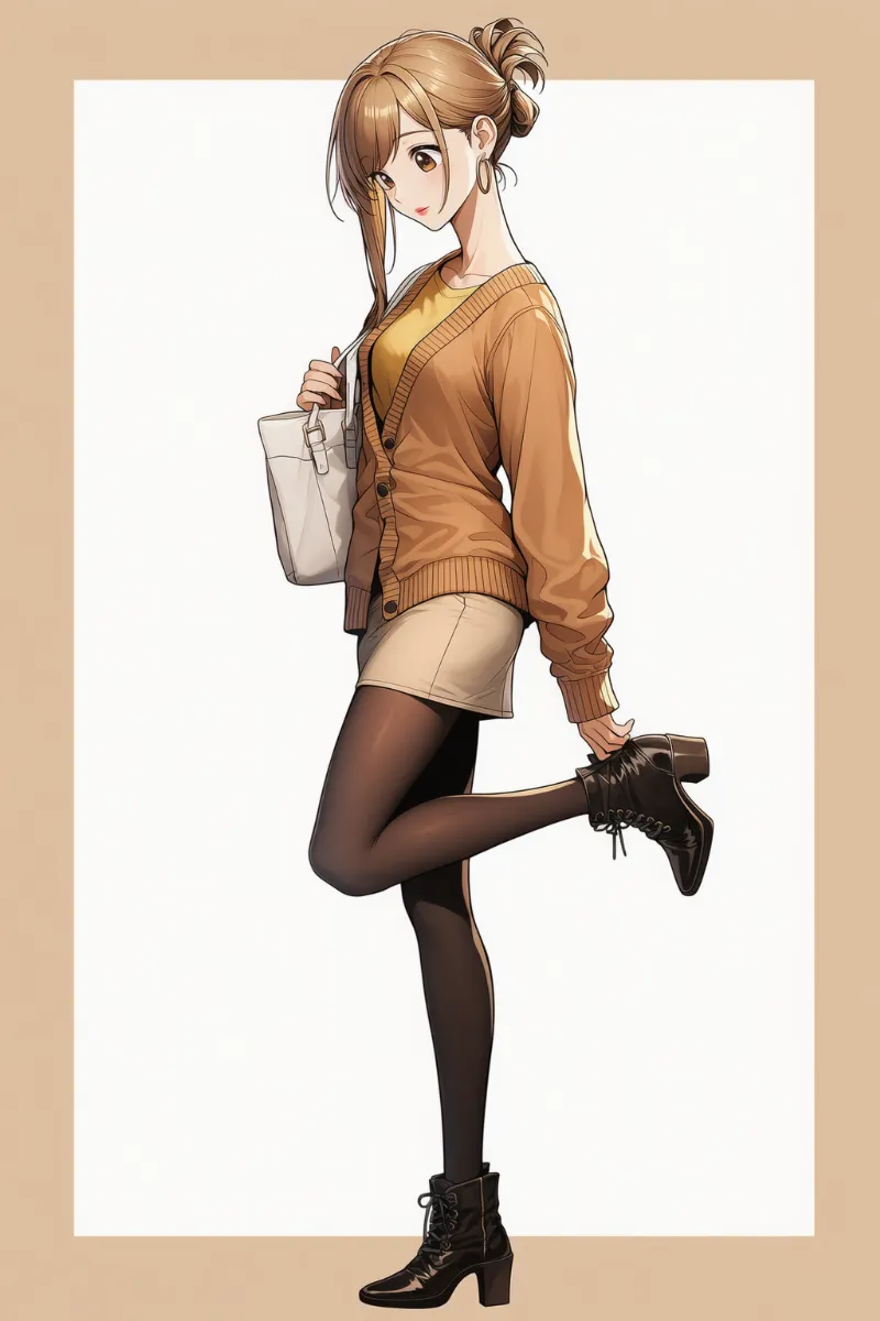 女子大生キャラクターが自分の踵を掴む仕草をするAIイラスト