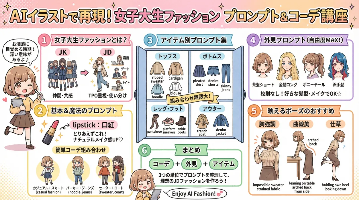 女子大生ファッションのプロンプト集【AIイラスト】のまとめ用の図解イラスト(グラレコ)