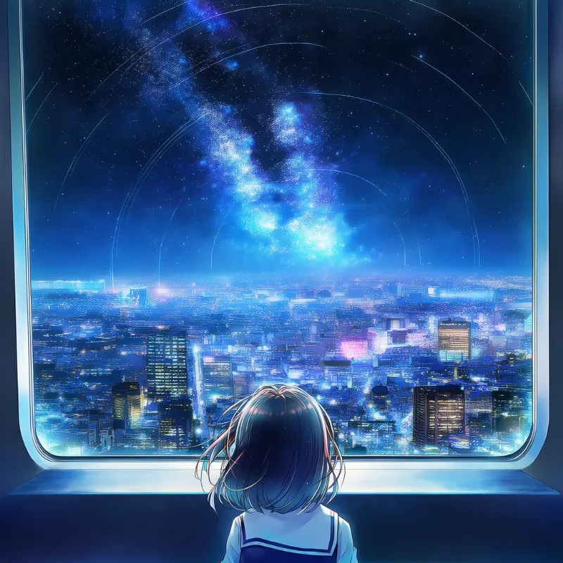 窓から見える夜景のAIイラスト