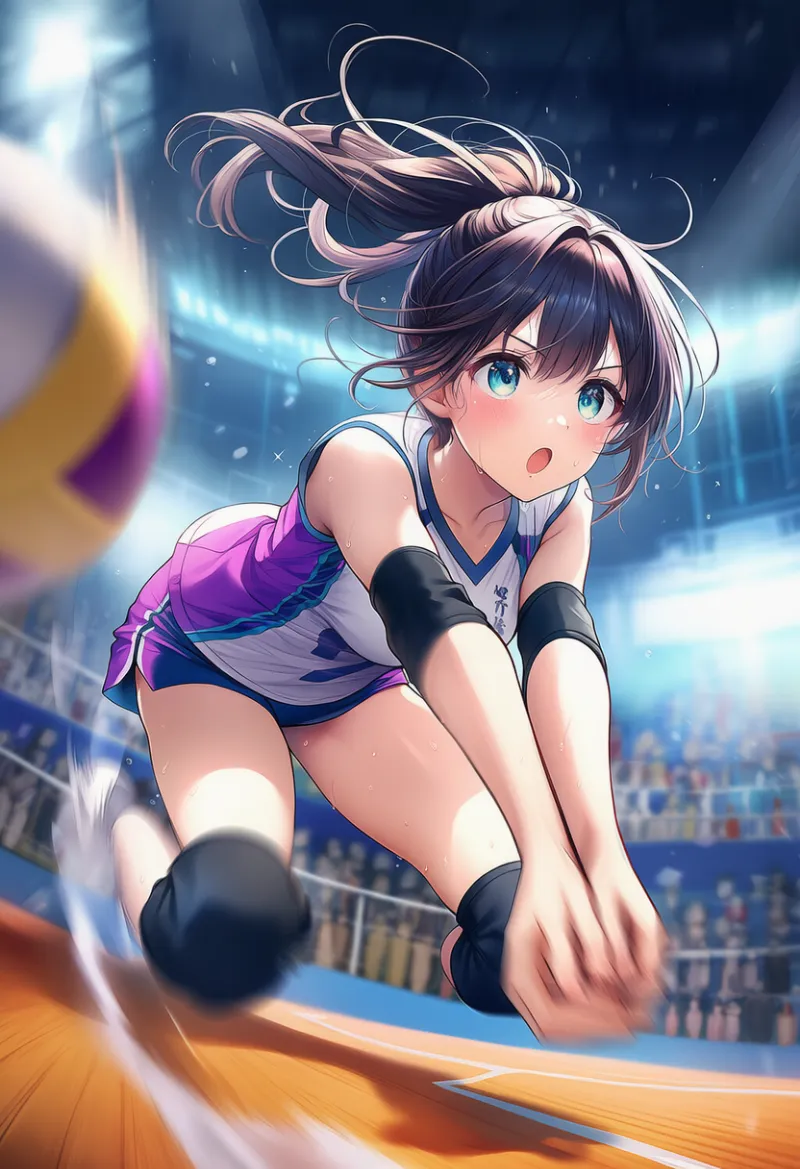 バレーボールの試合中の美少女AIイラスト作例