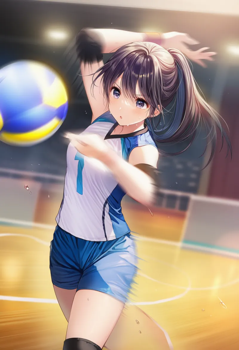 バレーボールの試合中のダイナミックな動作をする美少女のAIイラスト作例